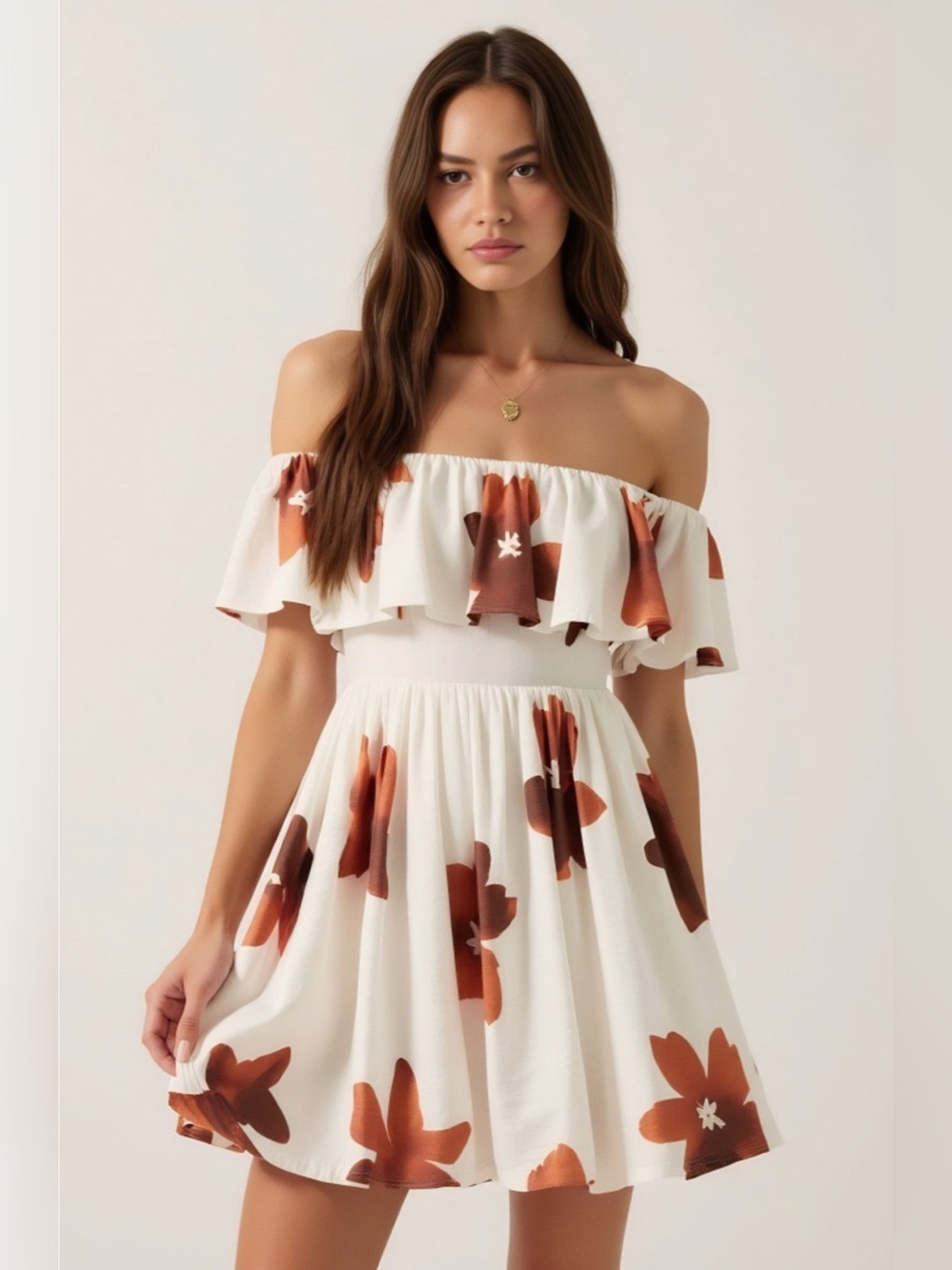 Modenaire Off-Shoulder Floral Ruffled Flared Mini Dress